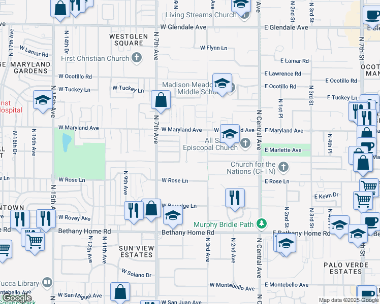 map of restaurants, bars, coffee shops, grocery stores, and more near 6264 North 4th Drive in Phoenix