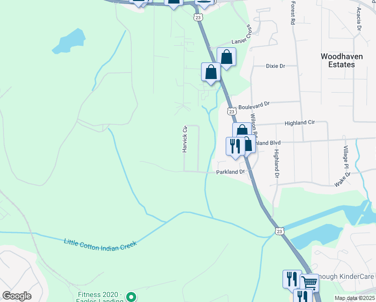 map of restaurants, bars, coffee shops, grocery stores, and more near 493 Harvick Circle in Stockbridge