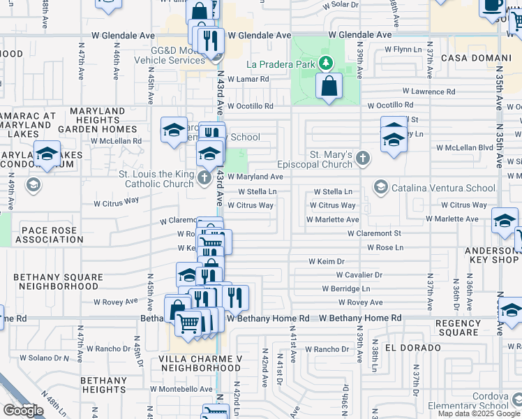 map of restaurants, bars, coffee shops, grocery stores, and more near 4141 West Citrus Way in Phoenix