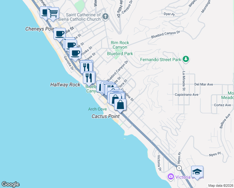 map of restaurants, bars, coffee shops, grocery stores, and more near 1800 Glenneyre Street in Laguna Beach