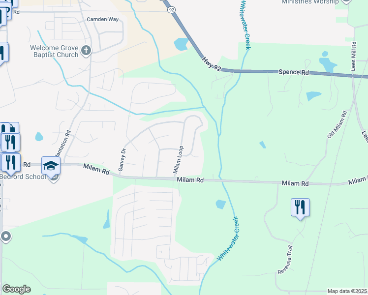 map of restaurants, bars, coffee shops, grocery stores, and more near 8360 Milam Loop in Fairburn