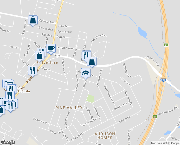 map of restaurants, bars, coffee shops, grocery stores, and more near 202 Audubon Circle in North Augusta