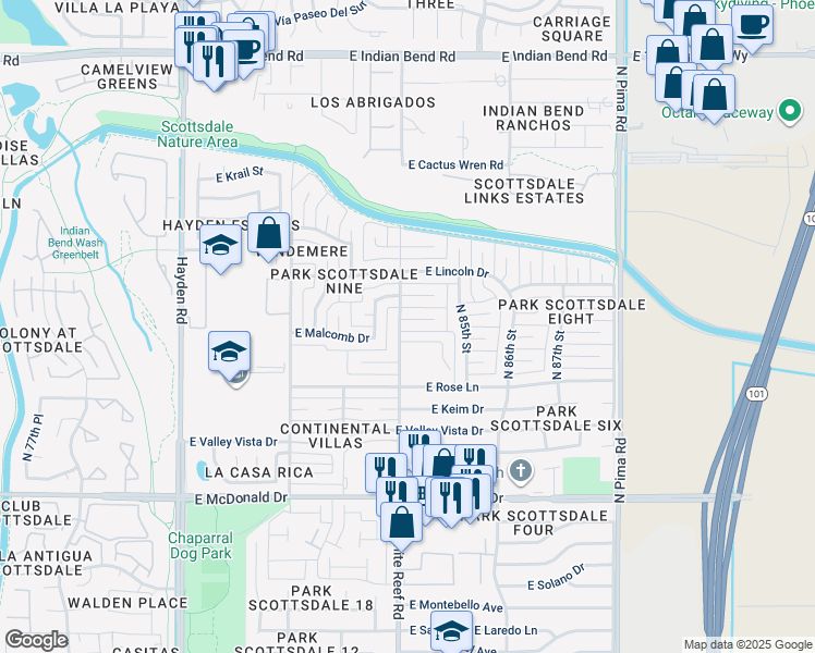 map of restaurants, bars, coffee shops, grocery stores, and more near 8401 East Citrus Way in Scottsdale