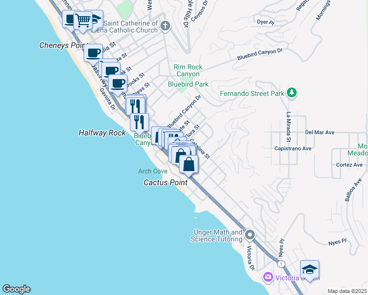 map of restaurants, bars, coffee shops, grocery stores, and more near 1800 Glenneyre Street in Laguna Beach