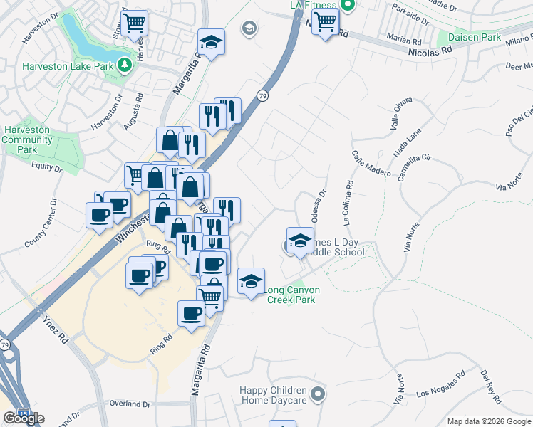 map of restaurants, bars, coffee shops, grocery stores, and more near 27590 Nellie Court in Temecula