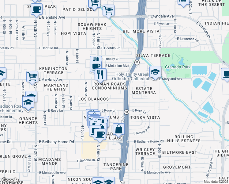 map of restaurants, bars, coffee shops, grocery stores, and more near 6414 North 17th Street in Phoenix