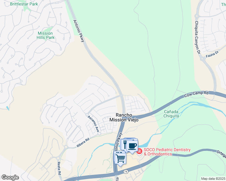 map of restaurants, bars, coffee shops, grocery stores, and more near 39 Vivido Street in Ladera Ranch
