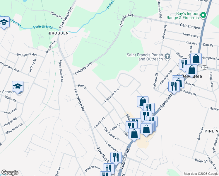 map of restaurants, bars, coffee shops, grocery stores, and more near 305 Edgewood Drive in Belvedere
