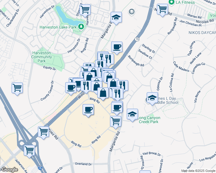 map of restaurants, bars, coffee shops, grocery stores, and more near 40426 Winchester Road in Temecula