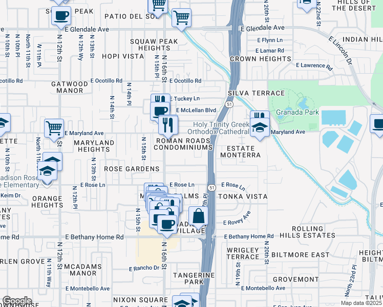 map of restaurants, bars, coffee shops, grocery stores, and more near 6414 North 17th Street in Phoenix