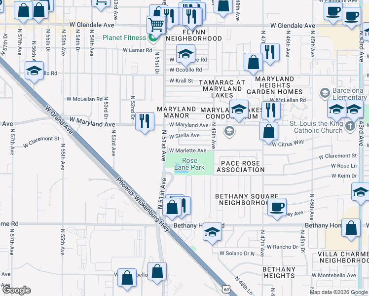 map of restaurants, bars, coffee shops, grocery stores, and more near 5007 West Citrus Way in Glendale