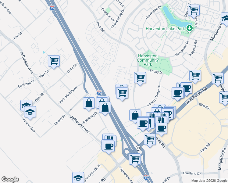 map of restaurants, bars, coffee shops, grocery stores, and more near 26111 Ynez Road in Temecula