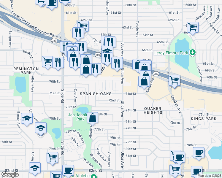 map of restaurants, bars, coffee shops, grocery stores, and more near 7011 Vicksburg Avenue in Lubbock