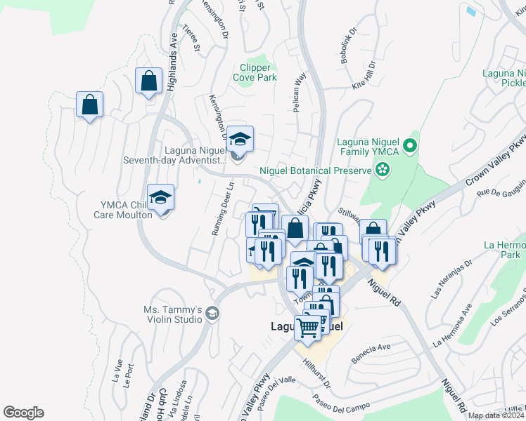 map of restaurants, bars, coffee shops, grocery stores, and more near 23624 Wakefield Court in Laguna Niguel