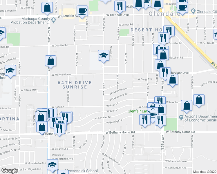 map of restaurants, bars, coffee shops, grocery stores, and more near 6234 West Citrus Way in Glendale