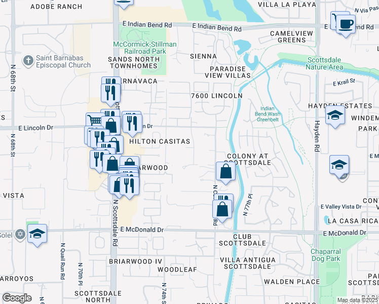 map of restaurants, bars, coffee shops, grocery stores, and more near 7441 East Century Drive in Scottsdale