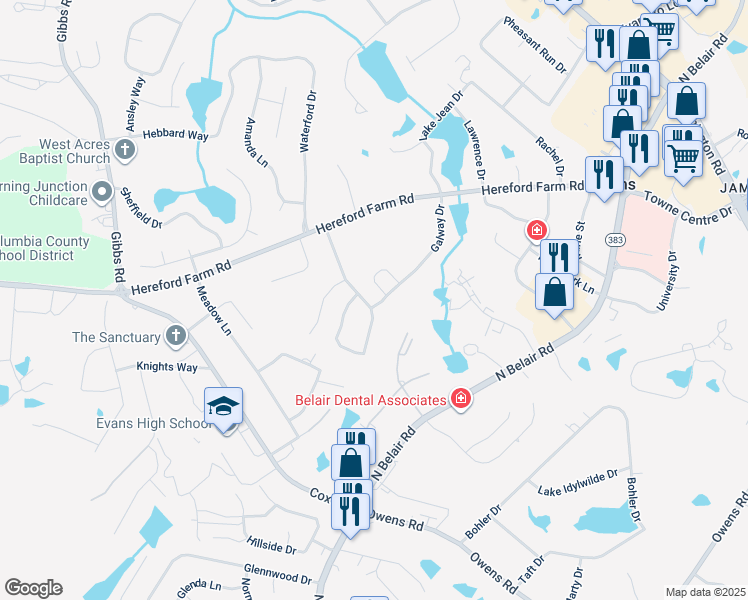 map of restaurants, bars, coffee shops, grocery stores, and more near 465 Connemara Trail in Evans