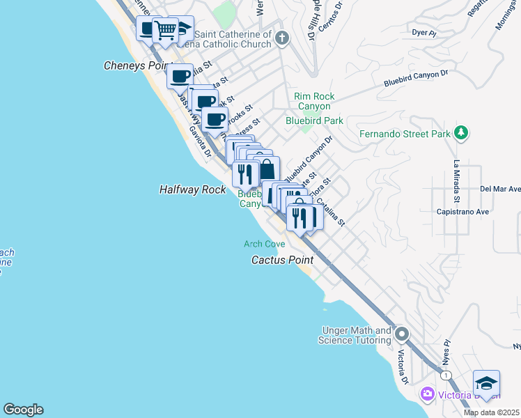 map of restaurants, bars, coffee shops, grocery stores, and more near 1603 South Coast Highway in Laguna Beach