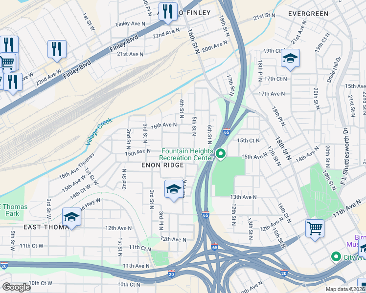 map of restaurants, bars, coffee shops, grocery stores, and more near 1505 4th Street North in Birmingham