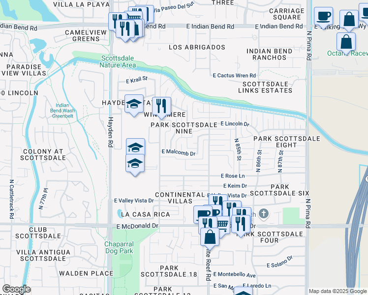 map of restaurants, bars, coffee shops, grocery stores, and more near 6320 North 83rd Street in Scottsdale