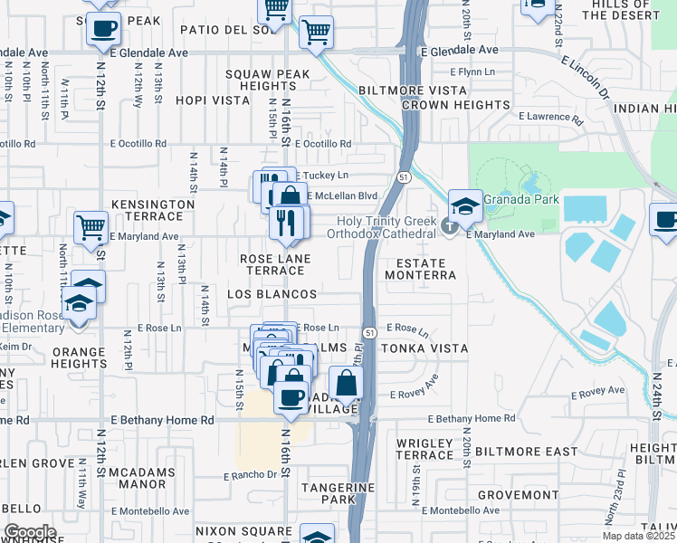 map of restaurants, bars, coffee shops, grocery stores, and more near 6416 North 17th Place in Phoenix