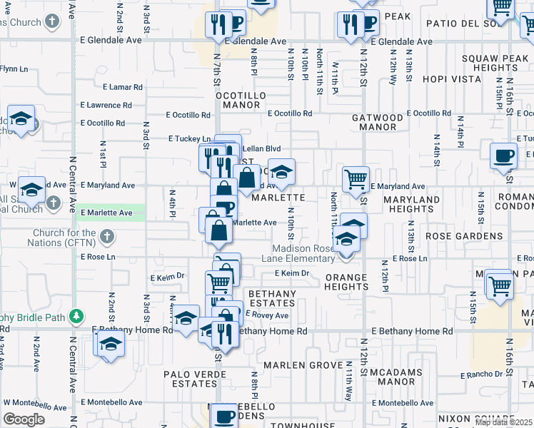 map of restaurants, bars, coffee shops, grocery stores, and more near 910 East Marlette Avenue in Phoenix