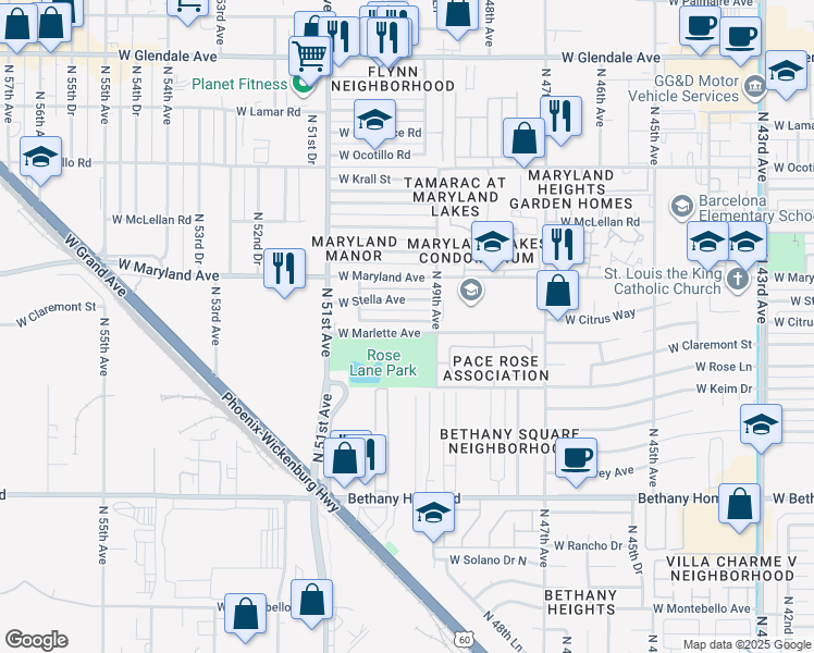 map of restaurants, bars, coffee shops, grocery stores, and more near 4925 West Citrus Way in Glendale