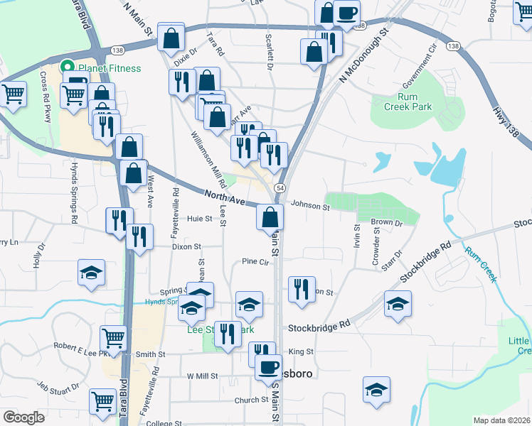 map of restaurants, bars, coffee shops, grocery stores, and more near 109 North Avenue in Jonesboro