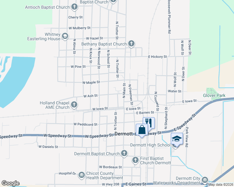 map of restaurants, bars, coffee shops, grocery stores, and more near 208 North Trotter Street in Dermott