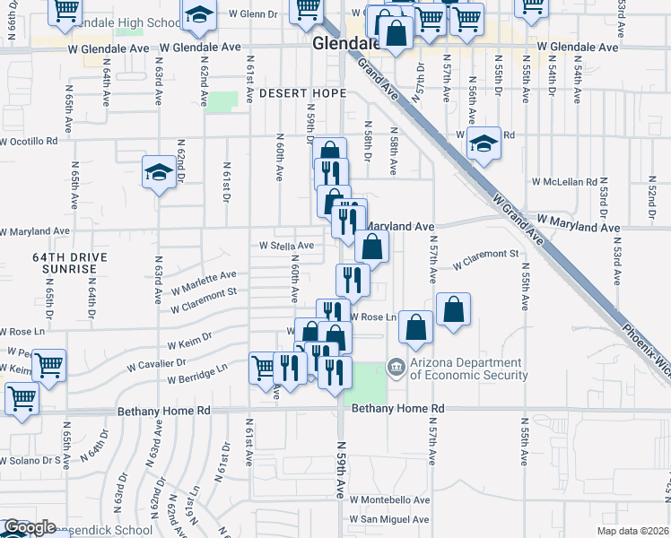 map of restaurants, bars, coffee shops, grocery stores, and more near 6390 North 59th Avenue in Glendale