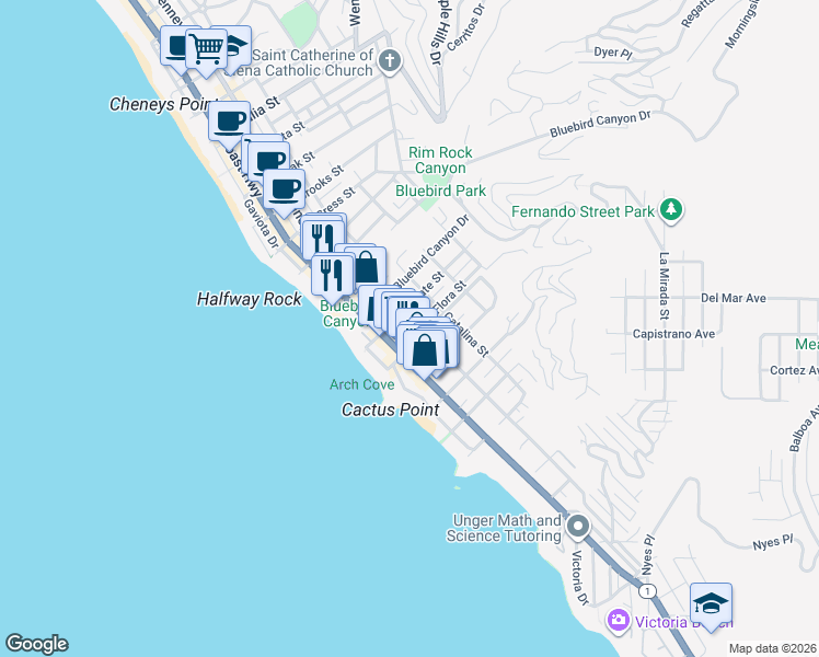 map of restaurants, bars, coffee shops, grocery stores, and more near 1759 Glenneyre Street in Laguna Beach