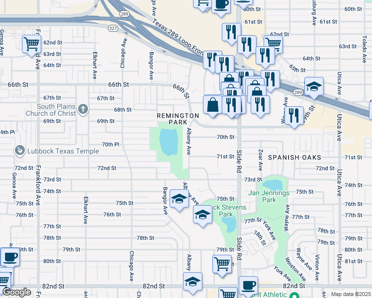map of restaurants, bars, coffee shops, grocery stores, and more near 7010 Albany Avenue in Lubbock