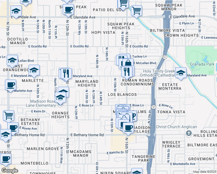 map of restaurants, bars, coffee shops, grocery stores, and more near 6312 North 14th Place in Phoenix
