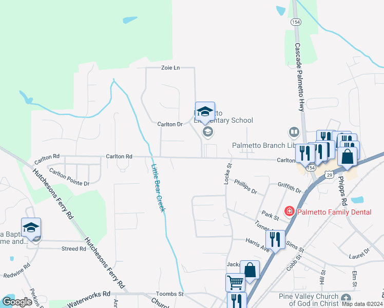 map of restaurants, bars, coffee shops, grocery stores, and more near 511 Carlton Road in Palmetto