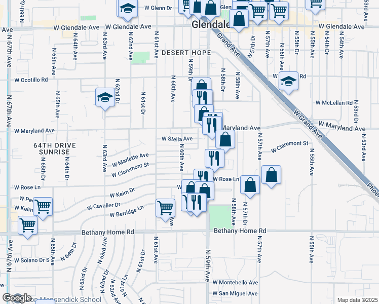 map of restaurants, bars, coffee shops, grocery stores, and more near 5941 West Marlette Avenue in Glendale