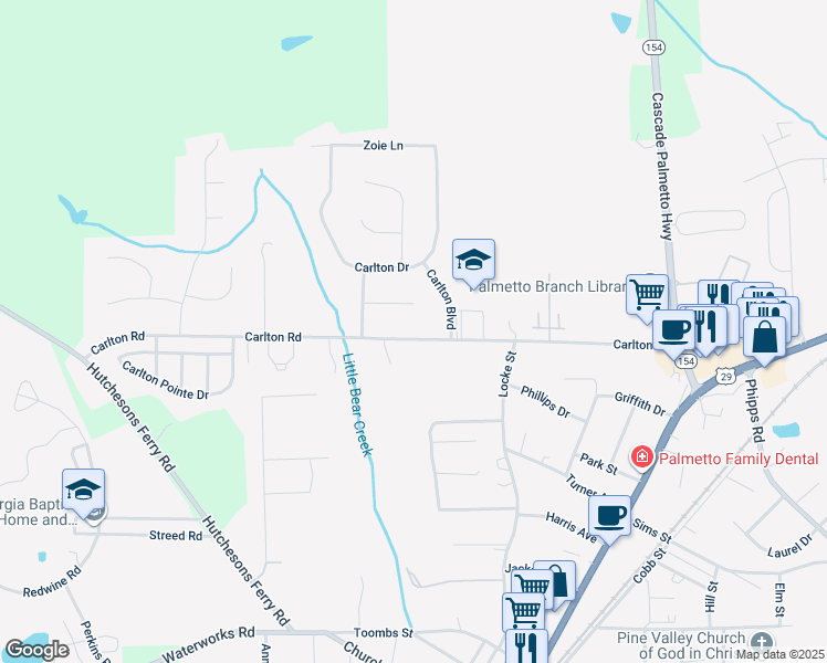 map of restaurants, bars, coffee shops, grocery stores, and more near 515 Carlton Road in Palmetto