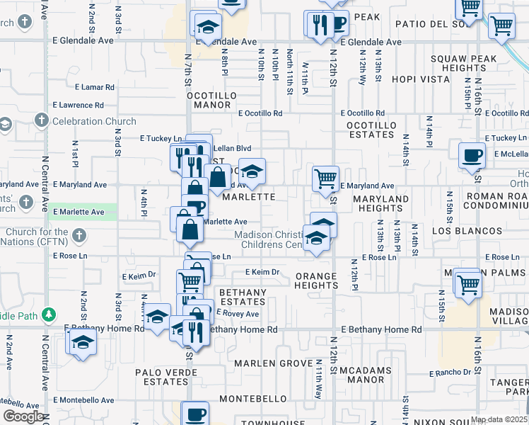 map of restaurants, bars, coffee shops, grocery stores, and more near 1004 East Citrus Way in Phoenix