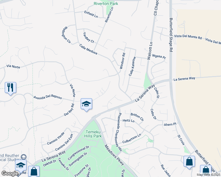 map of restaurants, bars, coffee shops, grocery stores, and more near 31565 Avenida Del Reposo in Temecula