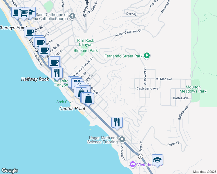 map of restaurants, bars, coffee shops, grocery stores, and more near 545 Diamond Street in Laguna Beach