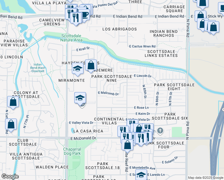 map of restaurants, bars, coffee shops, grocery stores, and more near 6320 North 83rd Street in Scottsdale