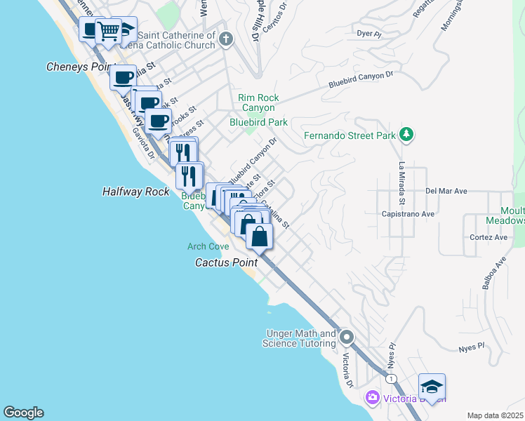 map of restaurants, bars, coffee shops, grocery stores, and more near 363 Pearl Street in Laguna Beach