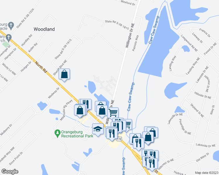 map of restaurants, bars, coffee shops, grocery stores, and more near 600 Laughing Gull Drive in Orangeburg