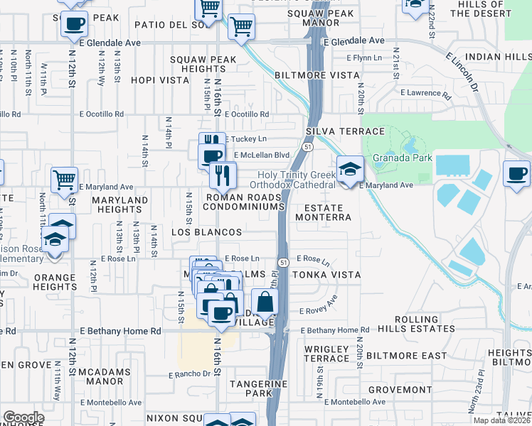 map of restaurants, bars, coffee shops, grocery stores, and more near 6416 North 17th Place in Phoenix
