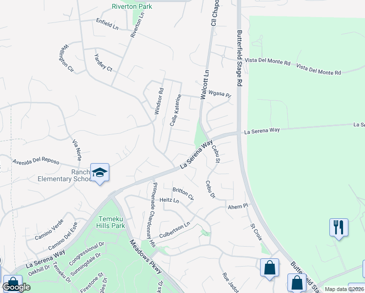 map of restaurants, bars, coffee shops, grocery stores, and more near 31799 Leigh Lane in Temecula