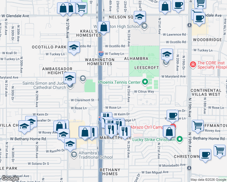 map of restaurants, bars, coffee shops, grocery stores, and more near 2330 West Marlette Avenue in Phoenix