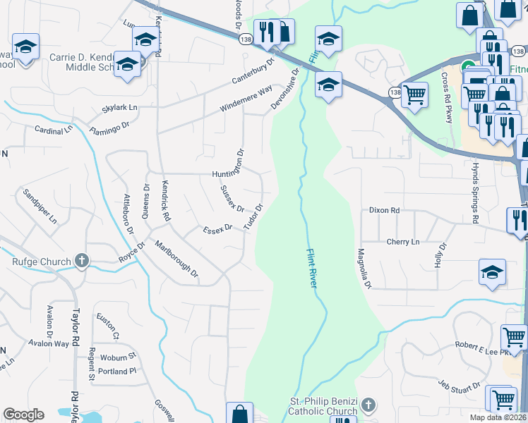 map of restaurants, bars, coffee shops, grocery stores, and more near 8230 Tudor Drive in Jonesboro