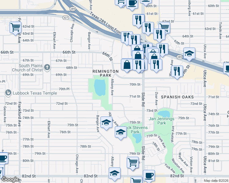 map of restaurants, bars, coffee shops, grocery stores, and more near 7009 Albany Avenue in Lubbock