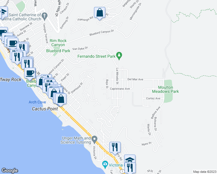 map of restaurants, bars, coffee shops, grocery stores, and more near 1020 Baja Street in Laguna Beach