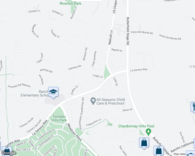 map of restaurants, bars, coffee shops, grocery stores, and more near 31799 Leigh Lane in Temecula