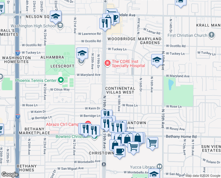 map of restaurants, bars, coffee shops, grocery stores, and more near 1850 West Marlette Avenue in Phoenix